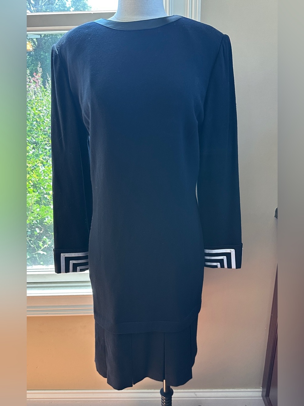 Vintage Louis Ferard Black White Wool Dress, Size 14